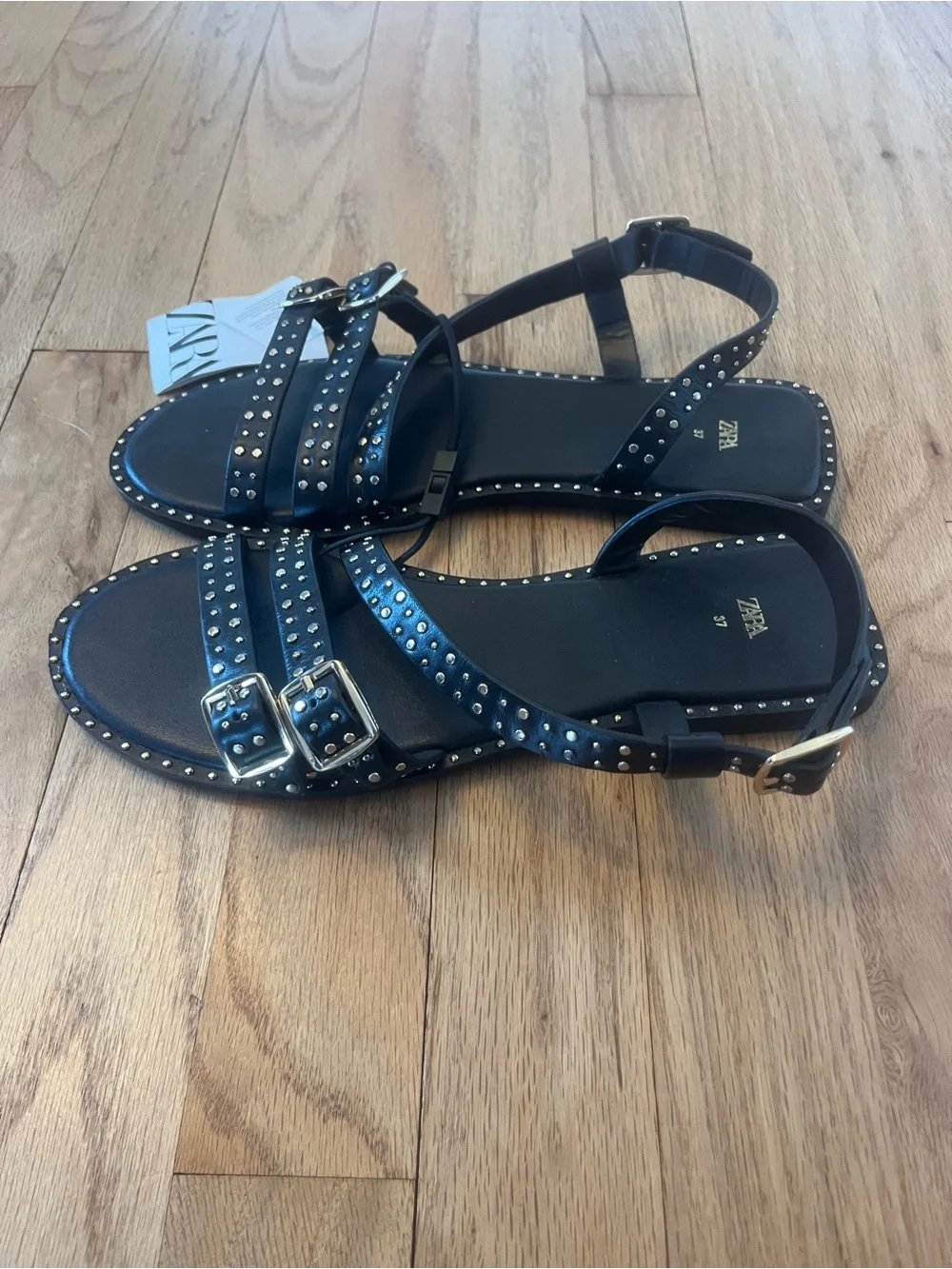 Zara Black Studded Strappy Flat Sandals - Picture 3 of 5
